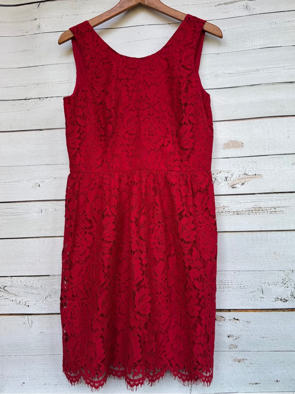 LOFT Sleeveless Floral Lace Overlay Shift Dress | Scalloped Fringe Hem- Size 6 - Picture 2 of 6